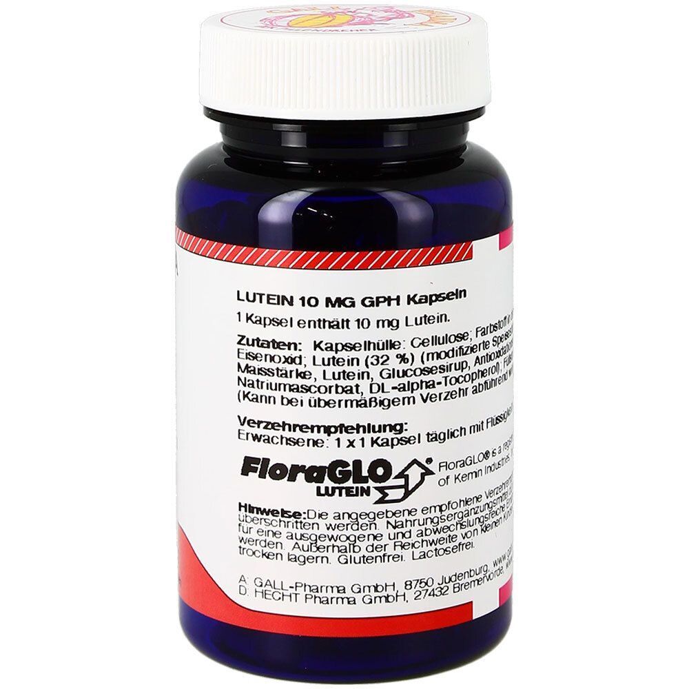 Eine Flasche GALL PHARMA Lutein 10 mg GPH Kapseln, Rückseite mit detaillierten Informationen und Inhaltsstoffen.