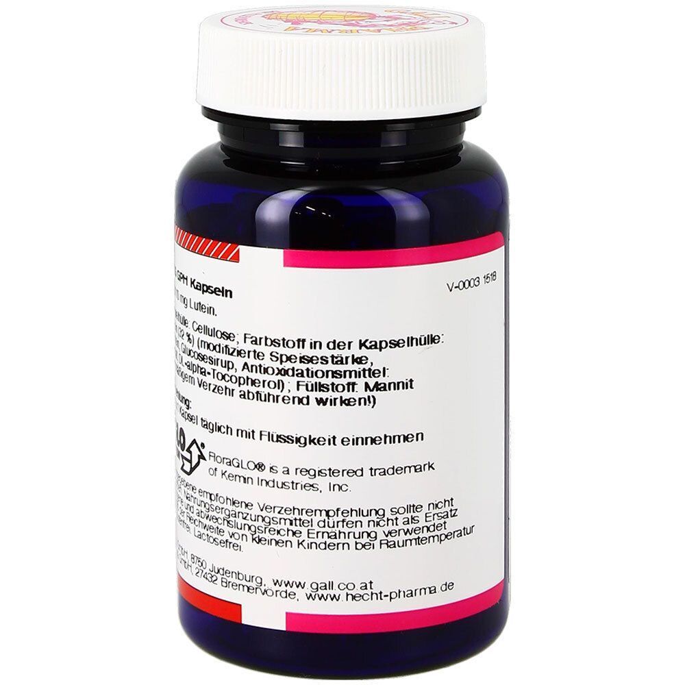 Rückseite einer Flasche GALL PHARMA Lutein 10 mg GPH Kapseln mit Produktinformationen und Herstellerdetails.