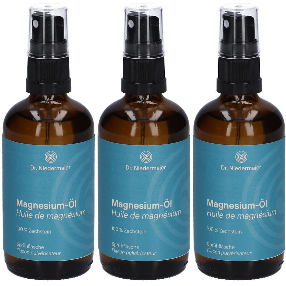 Drei braune Sprühflaschen mit Magnesium-Öl von Dr. Niedermaier.