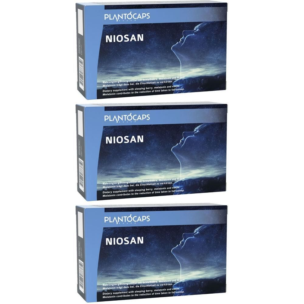 Drei Packungen plantoCAPS® NIOSAN® mit einem stilisierten Kopfprofil auf der Vorderseite.