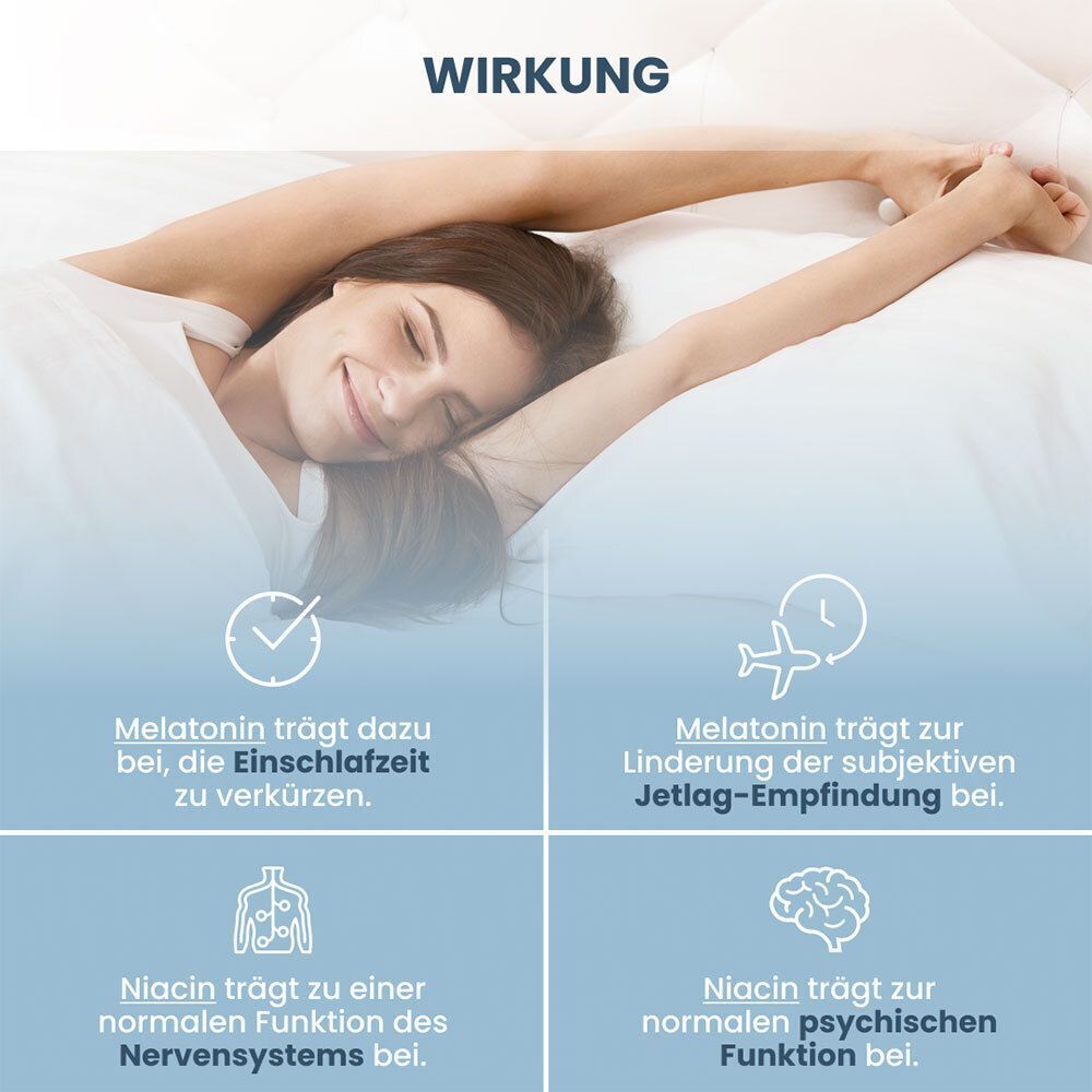 Frau streckt sich im Bett. Icons erklären die Wirkung von Melatonin und Niacin auf Schlaf und Nervensystem.