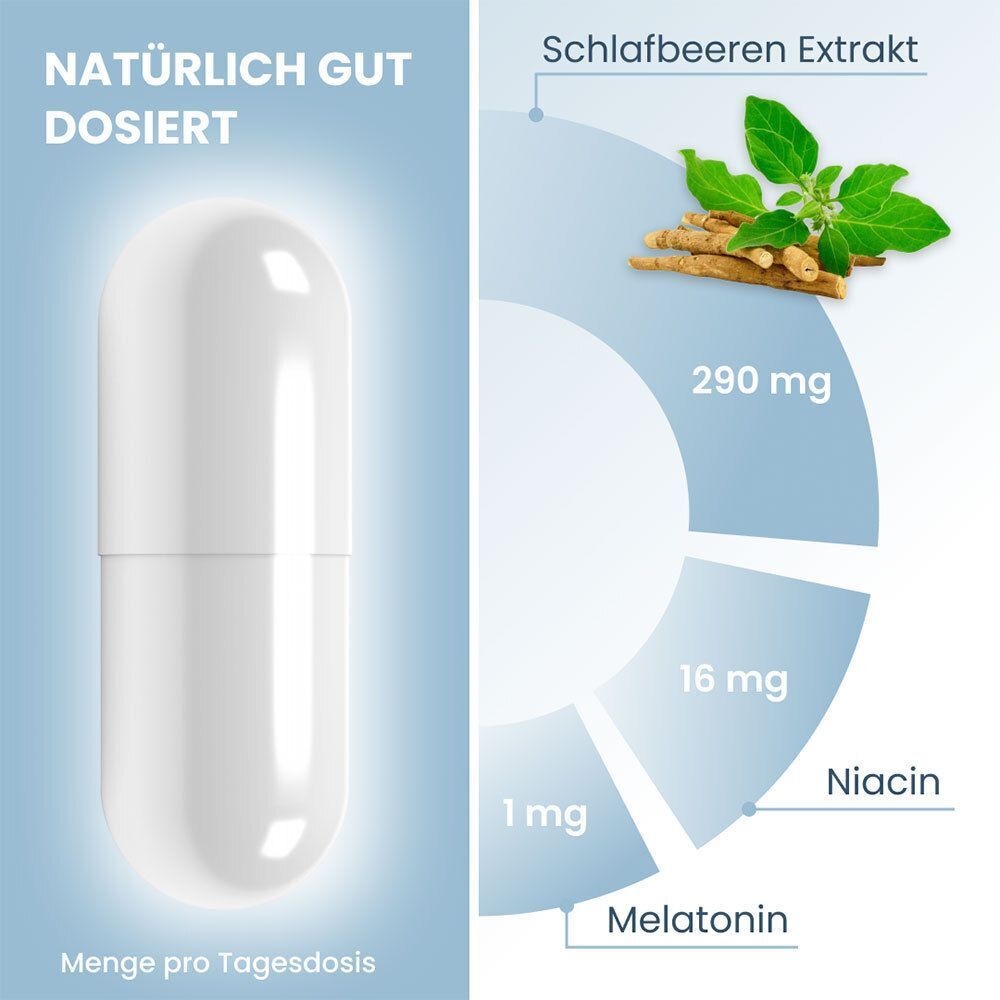 Plantocaps Niosan Kapsel mit 290mg Schlaffbeeren Extrakt, 16mg Niacin, 1mg Melatonin.