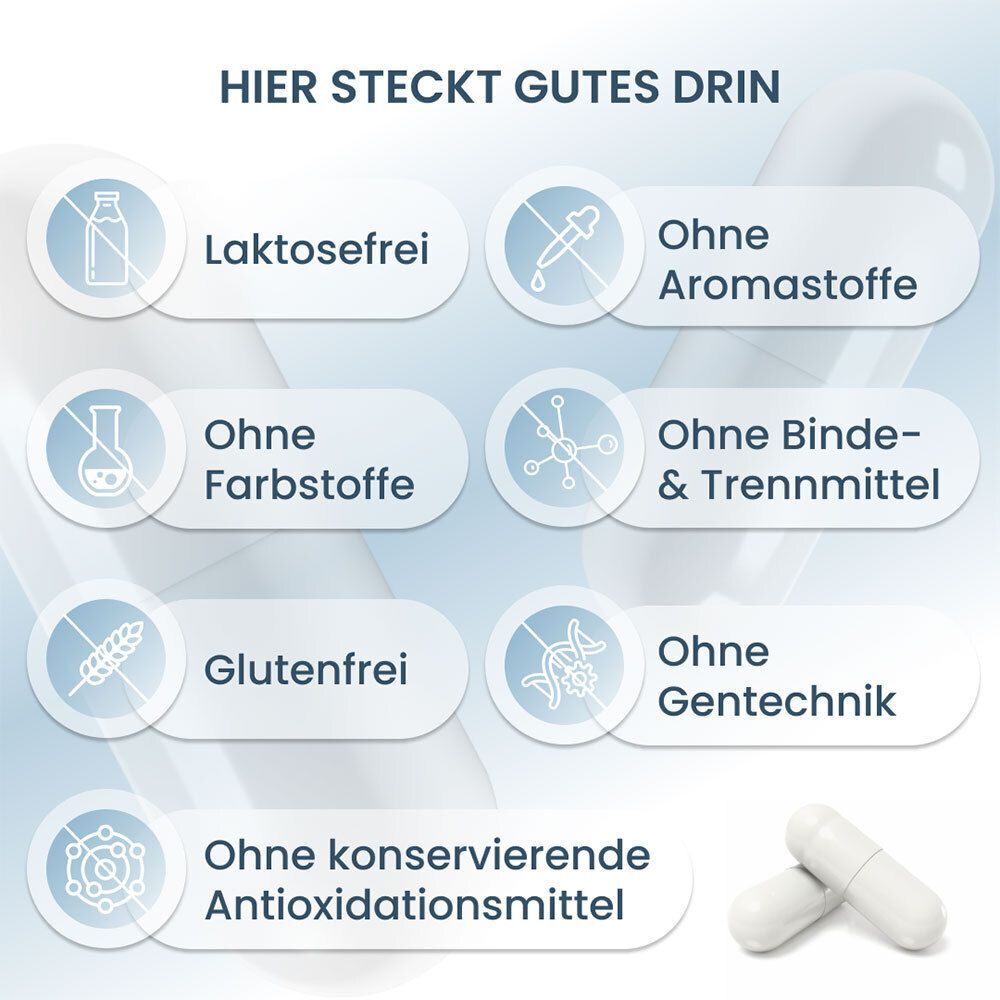 Plantocaps Niosan: Laktosefrei, glutenfrei, ohne Farbstoffe, Aromen, Gentechnik.
