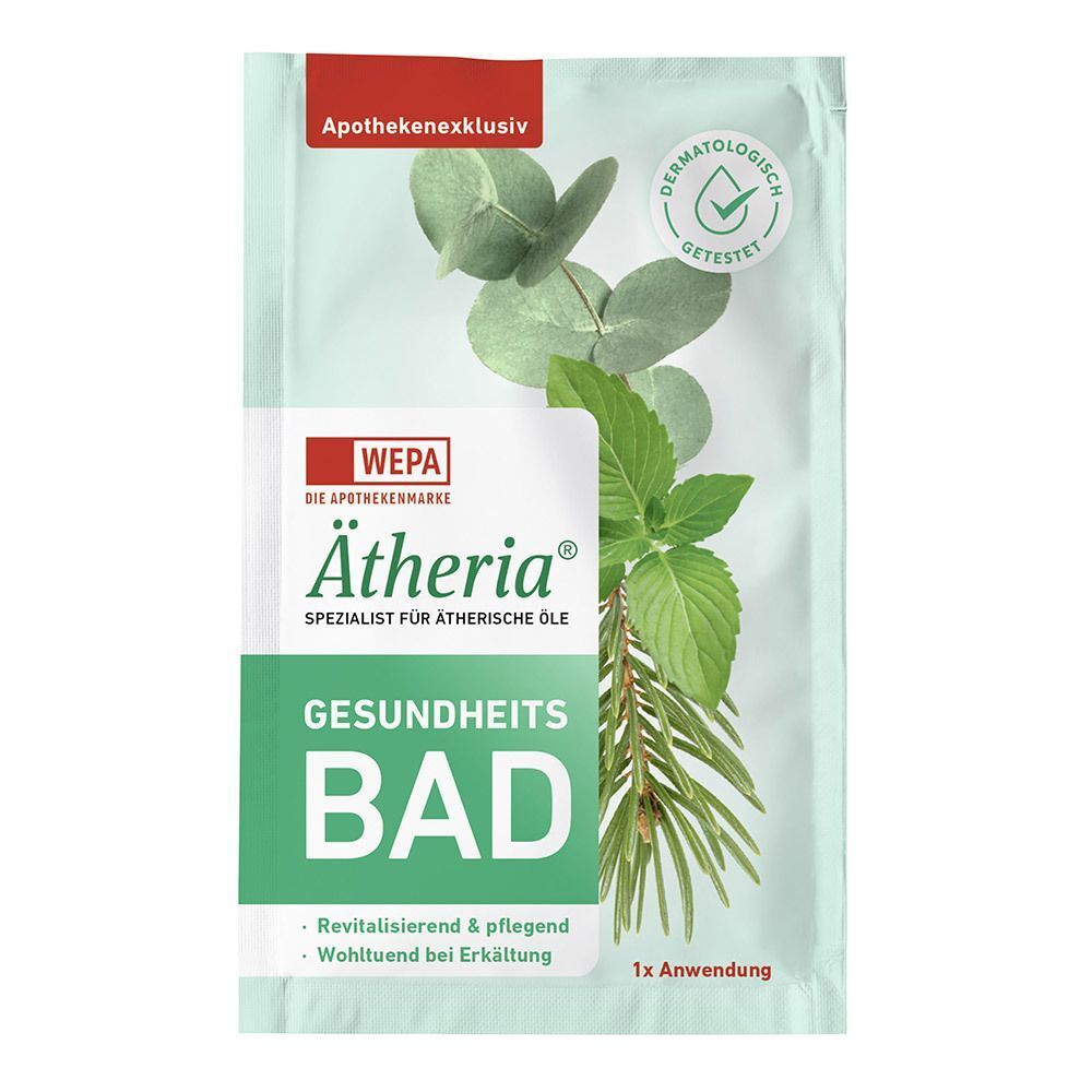 Eine Packung Ätheria® Gesundheitsbad mit Eukalyptus- und Minzmotiv. "Dermatologisch getestet" und "1x Anwendung" sind sichtbar.