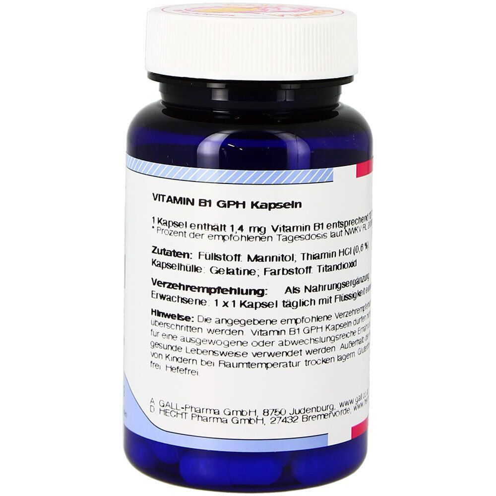 Eine Flasche GALL PHARMA Vitamin B1 GPH Kapseln mit Zutatenliste und Verzehrempfehlung.