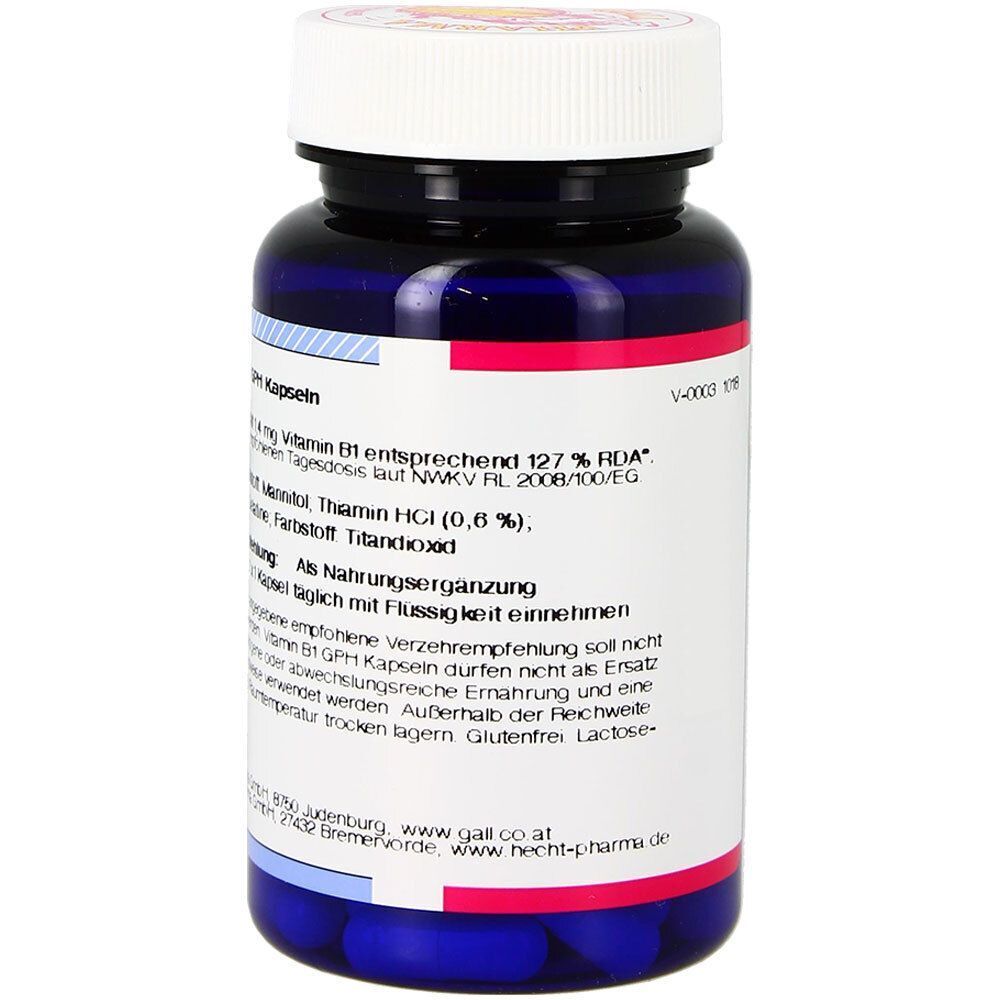 Rückseite einer Flasche GALL PHARMA Vitamin B1 GPH Kapseln mit Nährwertangaben.