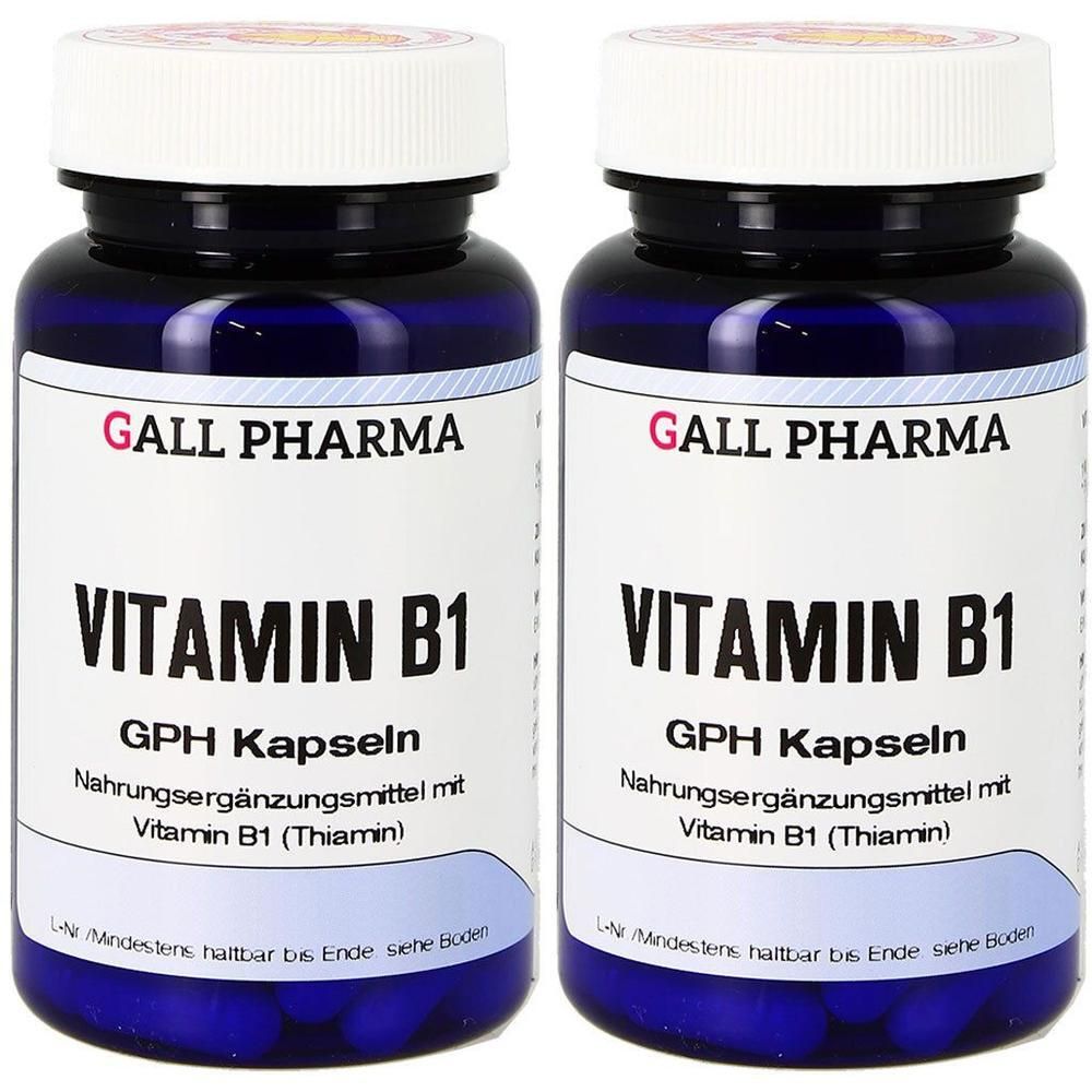 Zwei Flaschen GALL PHARMA Vitamin B1 GPH Kapseln, dunkelblau mit weißen Etiketten.