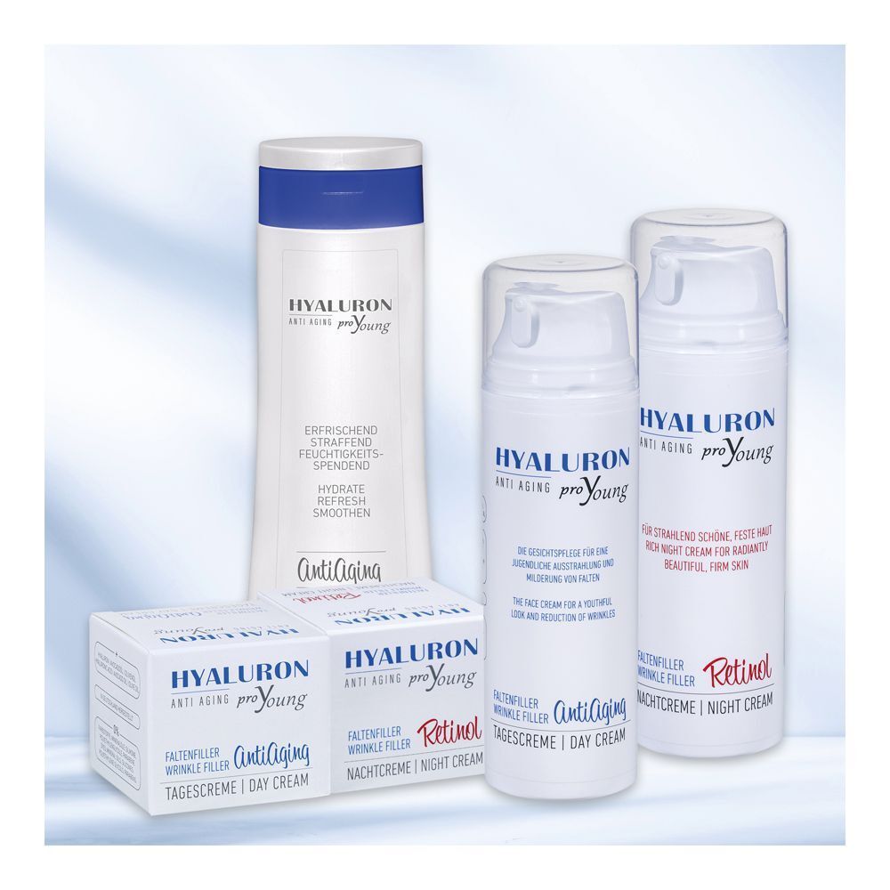 Hyaluron proYoung Anti-Aging Produkte: Bodylotion, Tagescreme, Nachtcreme. Mit Retinol.