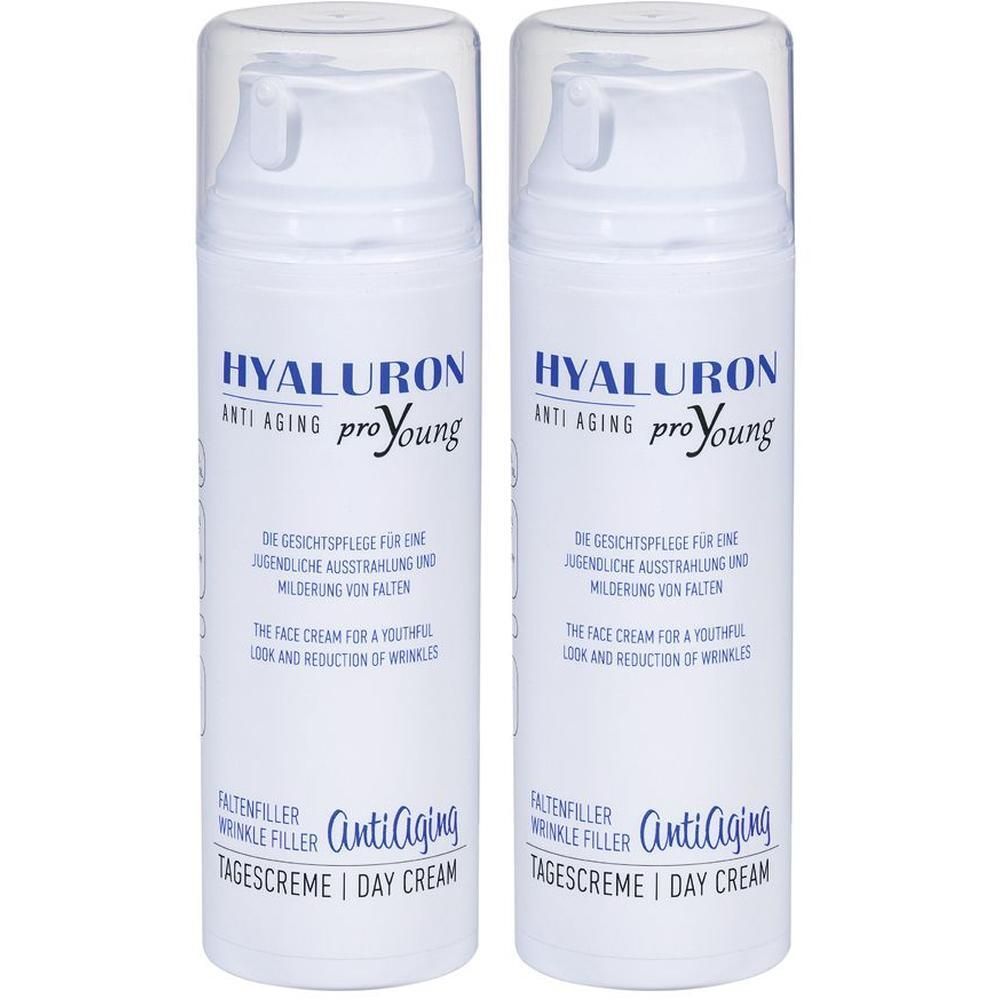 Zwei weiße Airless-Spender mit blauem und silbernem Aufdruck, 'Hyaluron proYoung Anti Aging'.