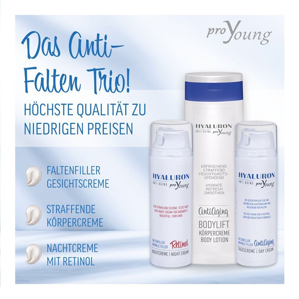 Produkte der Serie 'Hyaluron proYoung Anti Aging': Tiegel, Spender und Bodylotion.