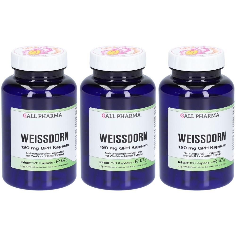 Drei blaue Flaschen GALL PHARMA WEISSDORN 120 mg GPH Kapseln mit weißen Deckeln.