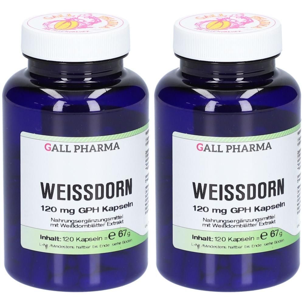Zwei Flaschen Gall Pharma Weißdorn Kapseln, 120 mg GPH. Nahrungsergänzungsmittel mit Weißdornblätter-Extrakt.