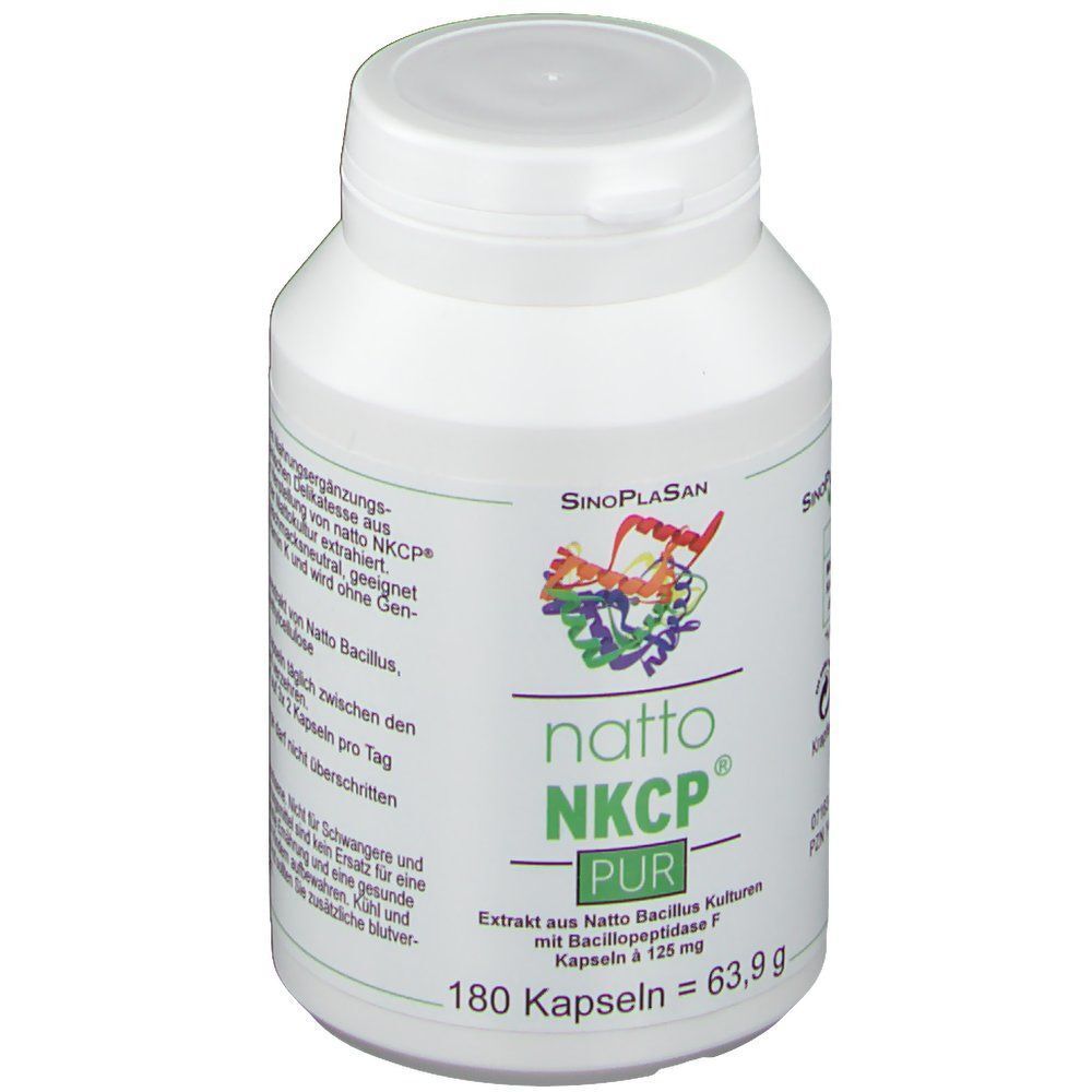 Vorderseite eines weißen Behälters mit SinoPlaSan natto NKCP® PUR Kapseln, 180 Kapseln.