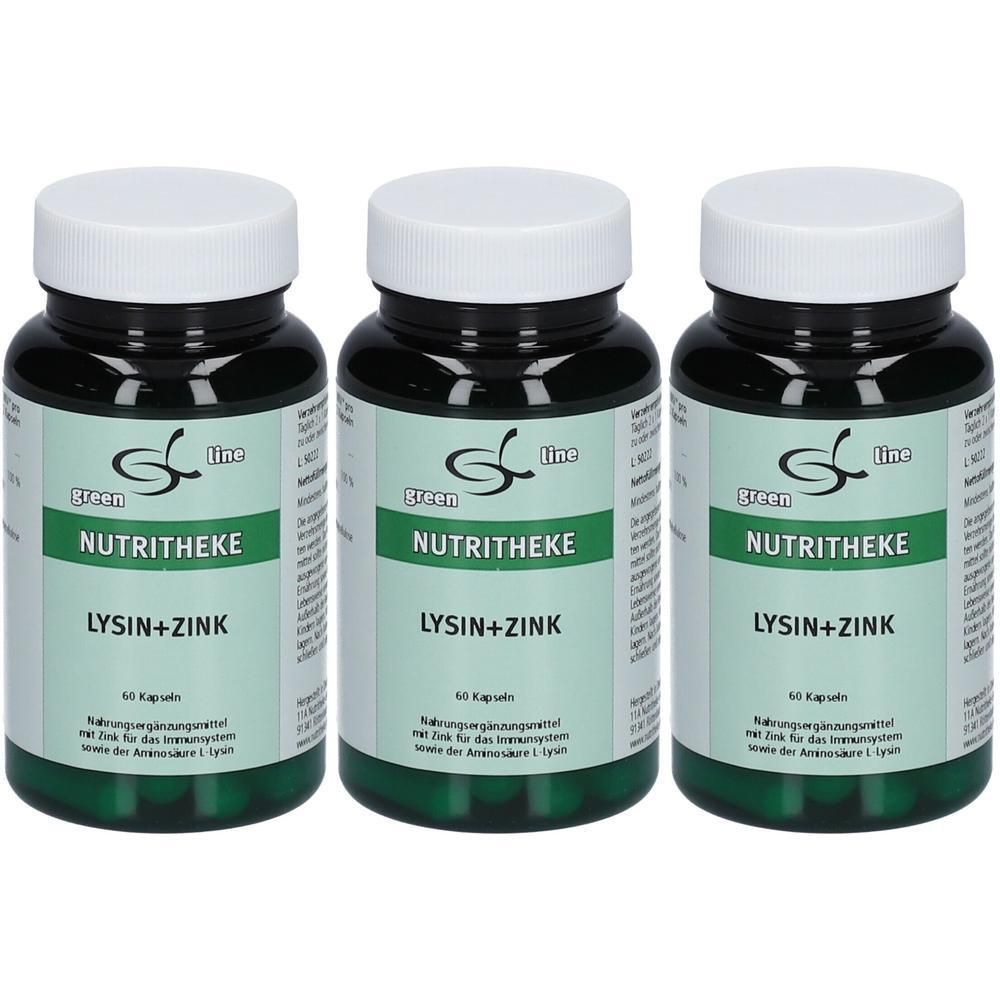 Drei Flaschen Green Line NUTRITHEKE Lysin + Zink, 60 Kapseln pro Flasche.
