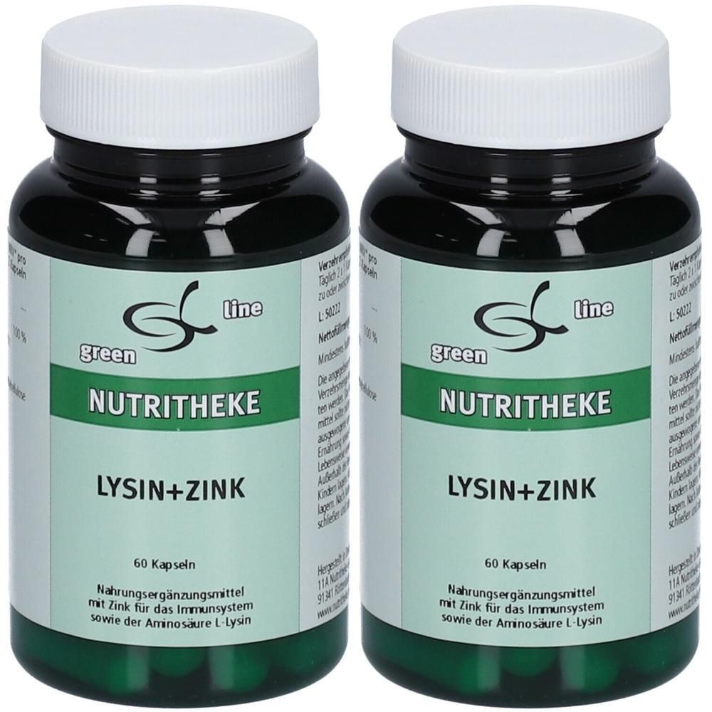 Zwei Flaschen green line NUTRITHEKE Lysin + Zink Kapseln. Dunkelgrüne Behälter mit weißen Schraubverschlüssen.