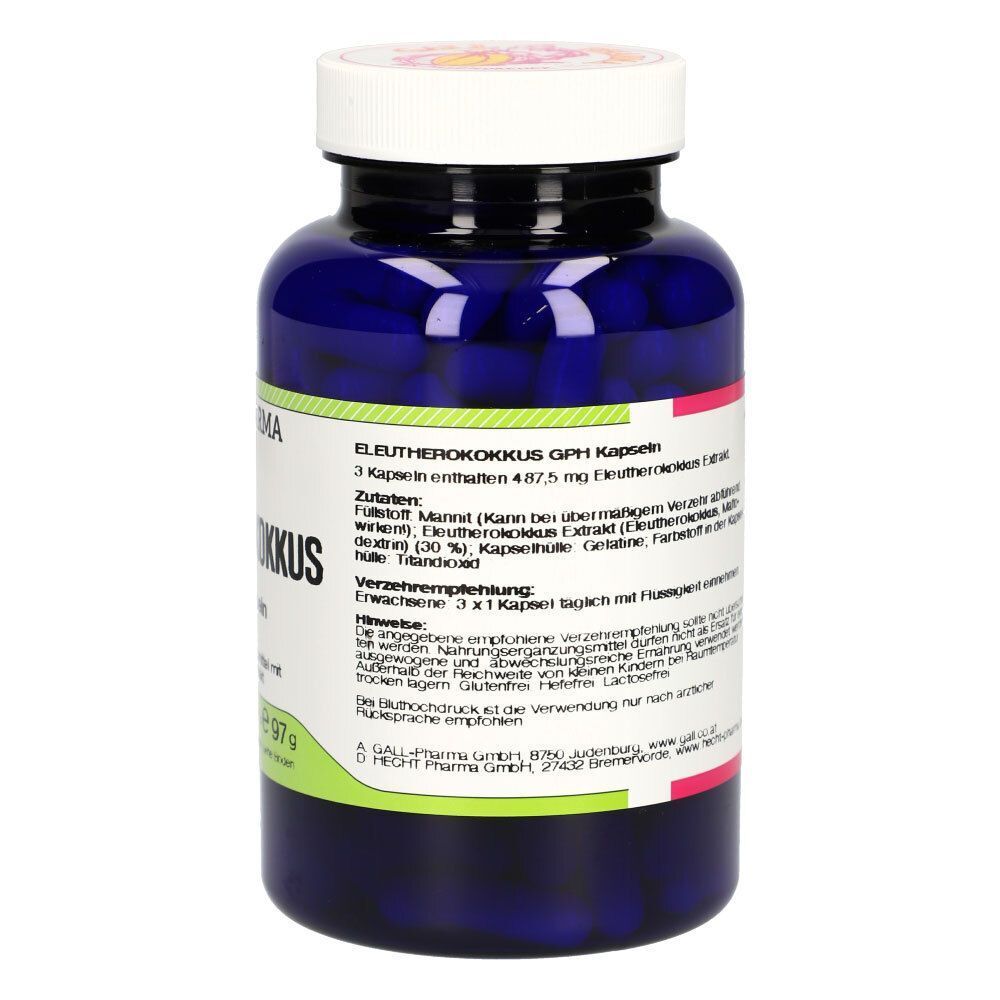 Eine blaue Flasche GALL PHARMA Eleutherokokkus GPH Kapseln, 100 Kapseln.