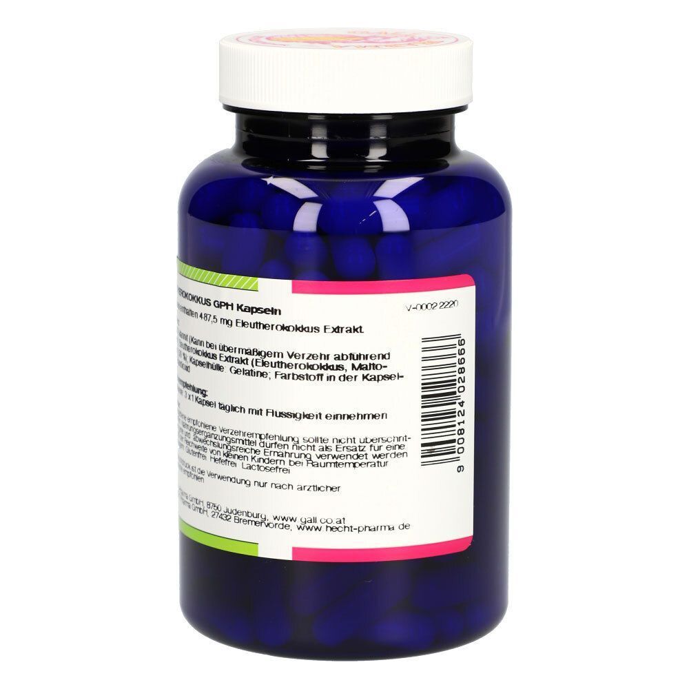 Rückseite einer blauen Flasche GALL PHARMA Eleutherokokkus GPH Kapseln mit Etikett.