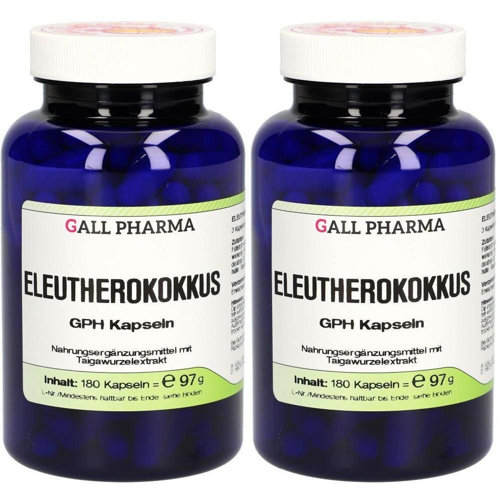 Zwei blaue Flaschen GALL PHARMA Eleutherokokkus GPH Kapseln, gefüllt mit blauen Kapseln.