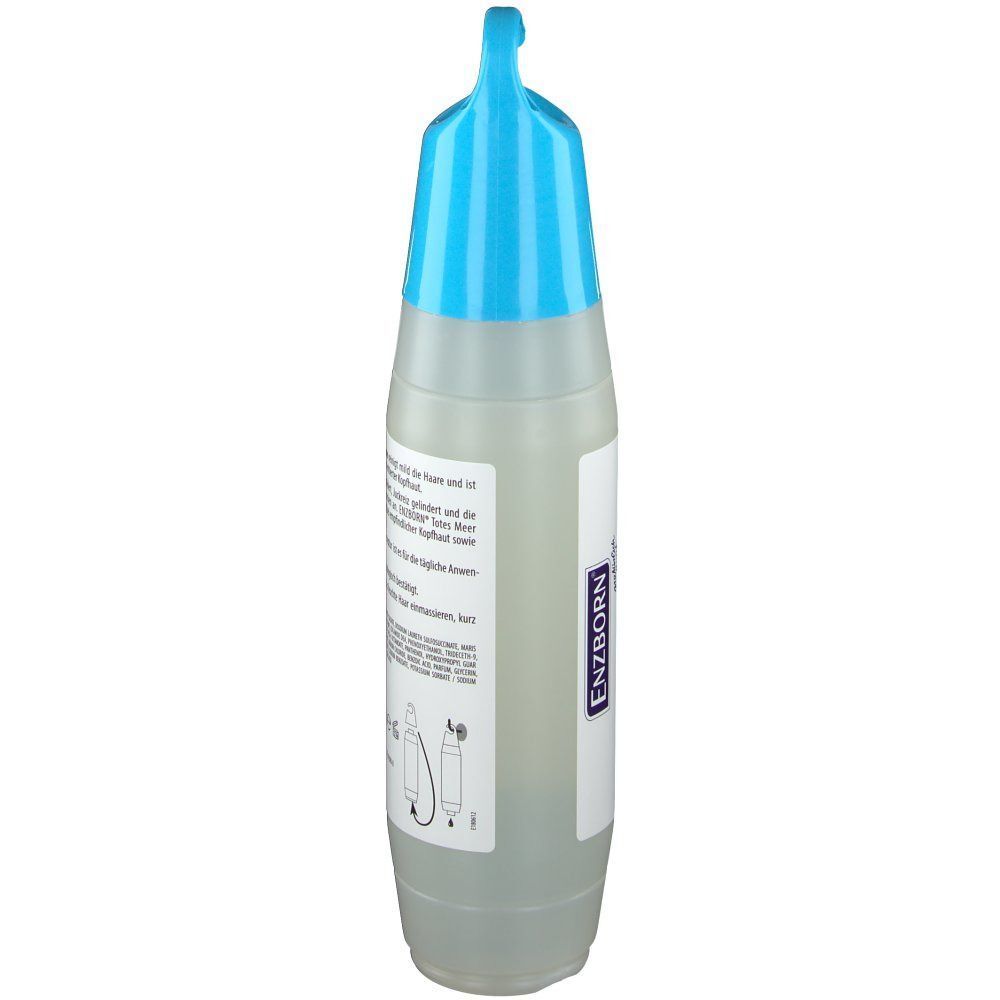 Seitenansicht der ENZBORN® Totes Meer Shampoo Flasche mit blauem Verschluss und Aufhängehaken.