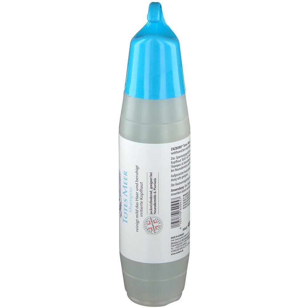 ENZBORN® Totes Meer Shampoo Flasche, Rückseite mit Produktinformationen und Siegeln.