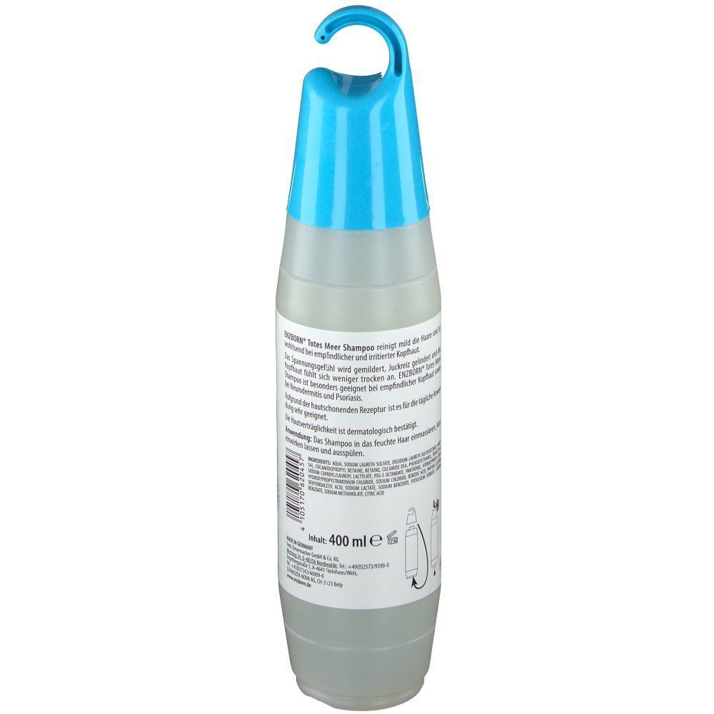 ENZBORN® Totes Meer Shampoo Flasche, Rückseite mit 400 ml Angabe und Anwendungshinweisen.