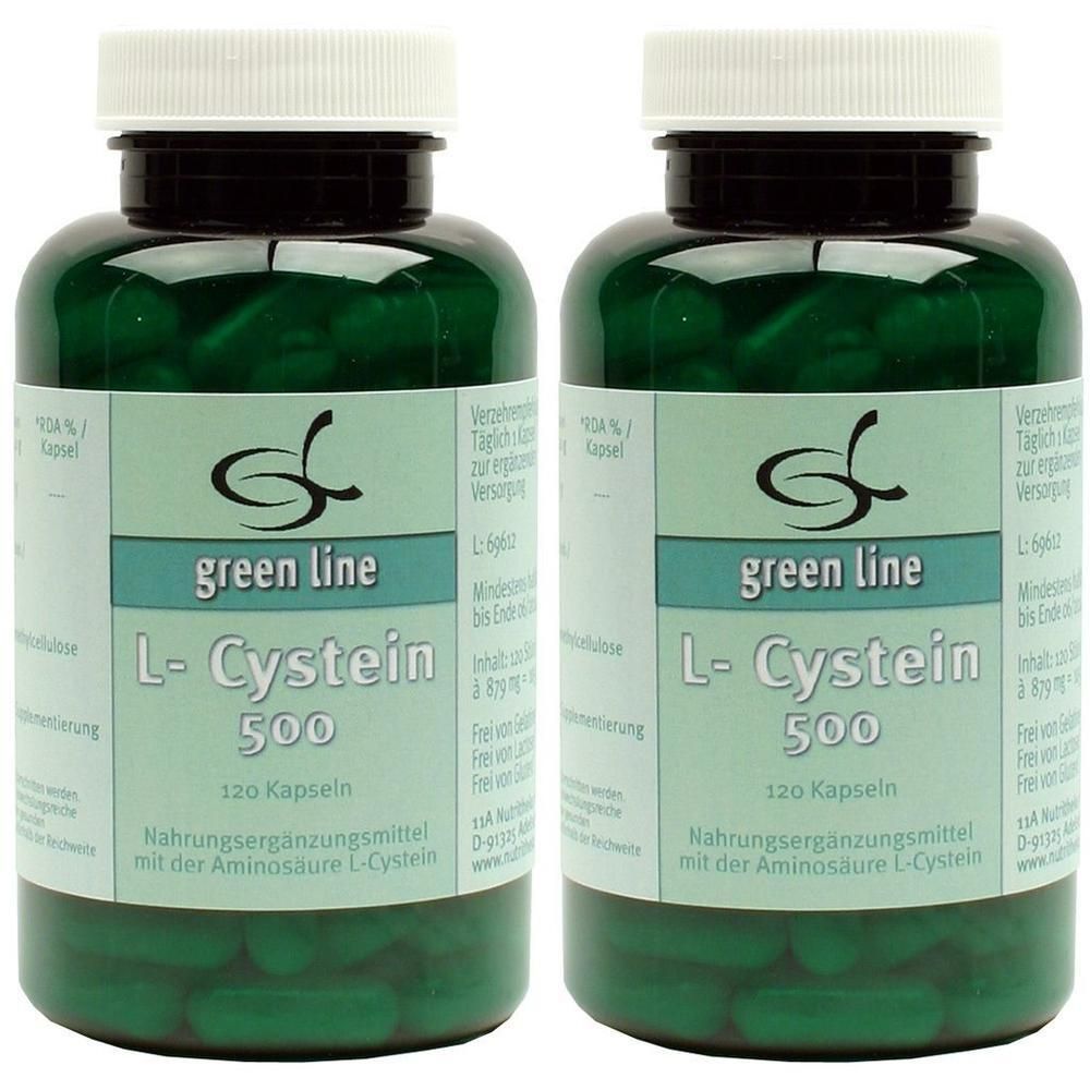 Zwei grüne Flaschen mit L-Cystein 500 Kapseln, 120 Stück pro Flasche.