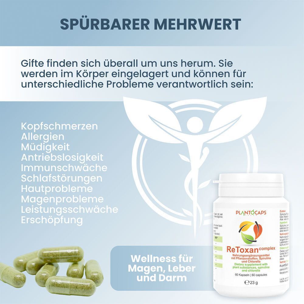 Flasche ReToxan complex und mehrere Kapseln, mit Liste möglicher Beschwerden.