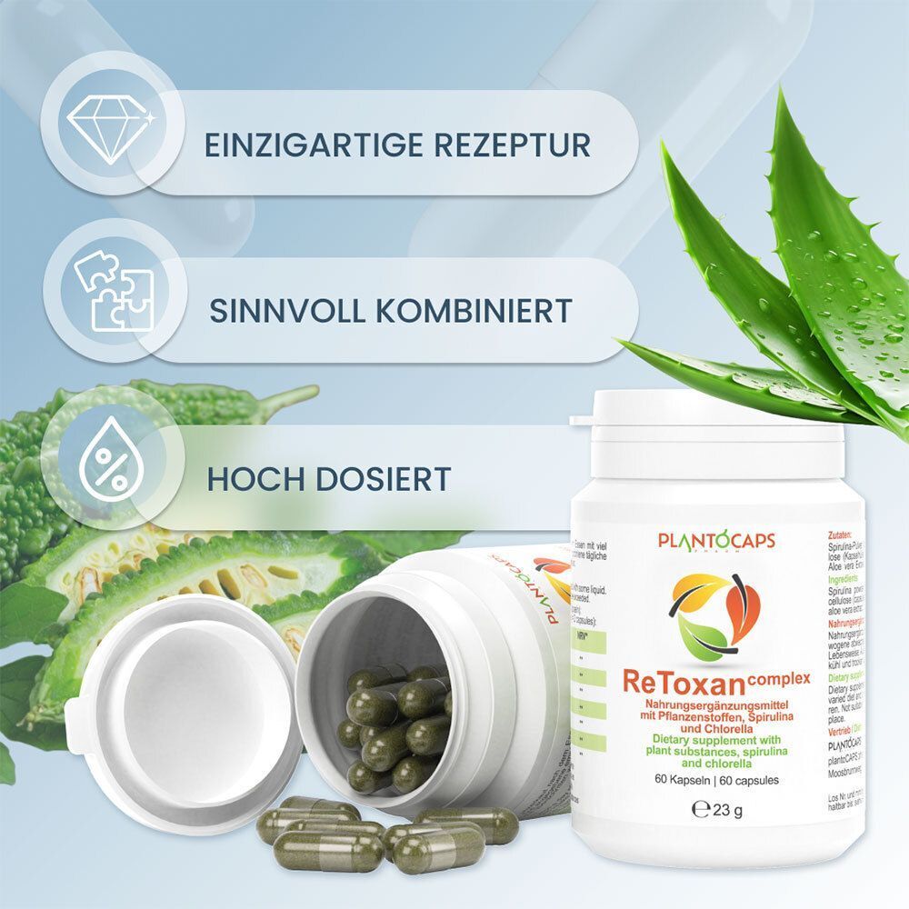 Flasche ReToxan complex mit geöffnetem Deckel und Kapseln, umgeben von Aloe Vera und Bittermelone.