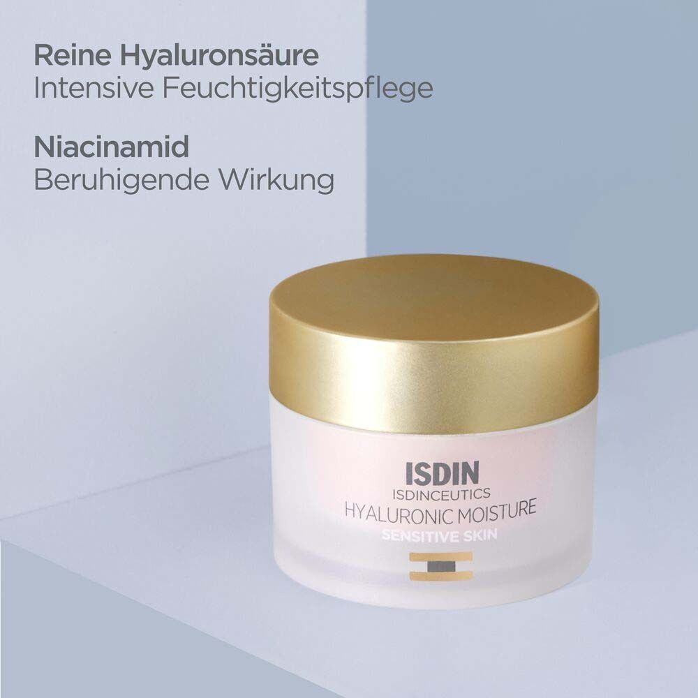 ISDINCEUTICS Hyaluronic Moisture Tiegel mit Text über Hyaluronsäure und Niacinamid.