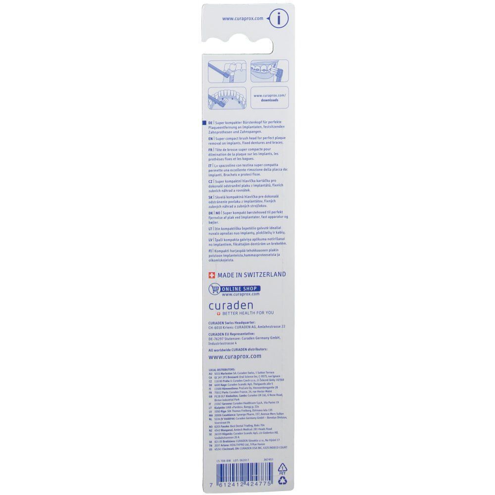 Rückseite der Verpackung einer Curaprox CS 708 Implant Ortho Zahnbürste mit Anwendungshinweisen und Produktinformationen.