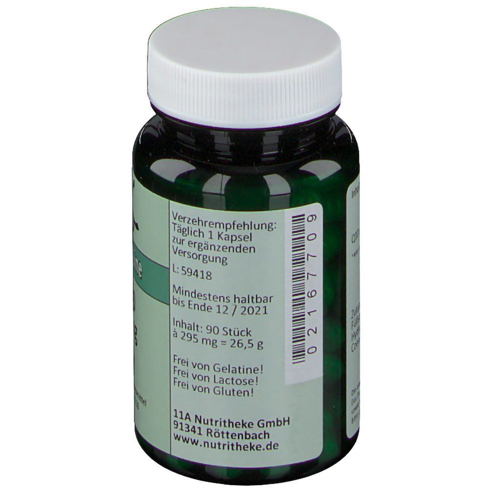 Rückseite einer grünen Flasche mit Q10 30 mg Kapseln, enthält 90 Stück.