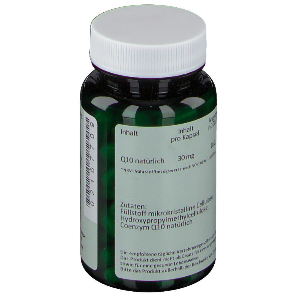 Rückseite einer grünen Flasche mit Q10 30 mg Kapseln, enthält Coenzym Q10.