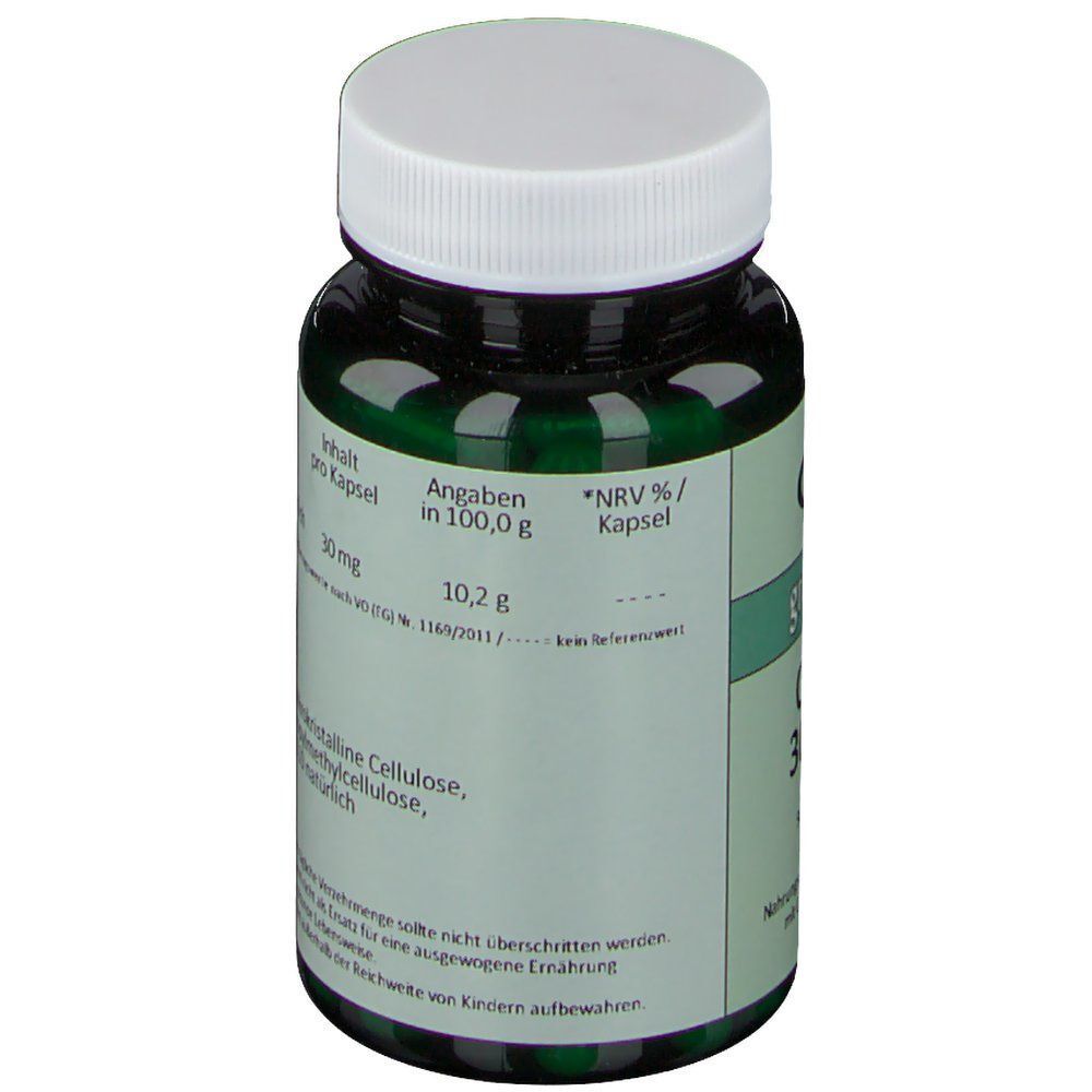 Rückseite einer grünen Flasche mit Q10 30 mg Kapseln, Nährwertangaben.