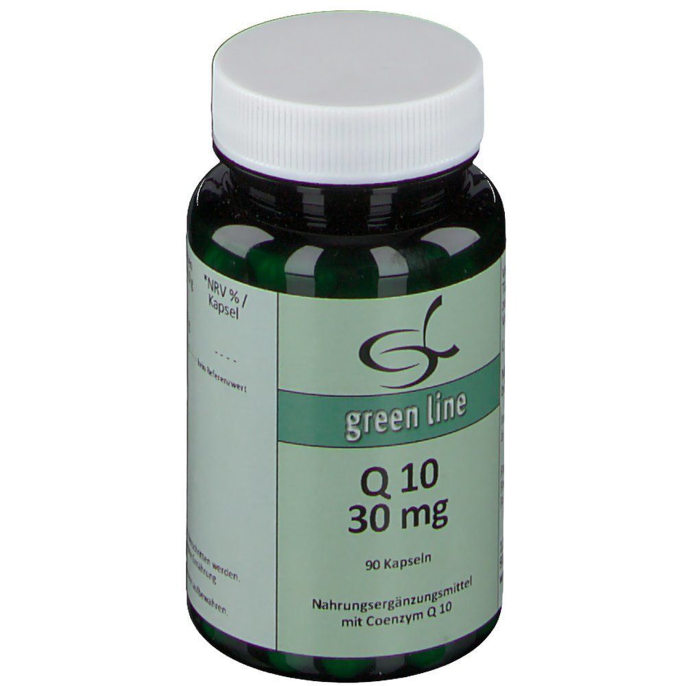 Vorderseite einer grünen Flasche green line Q 10 30 mg, 90 Kapseln. Nahrungsergänzungsmittel mit Coenzym Q10.