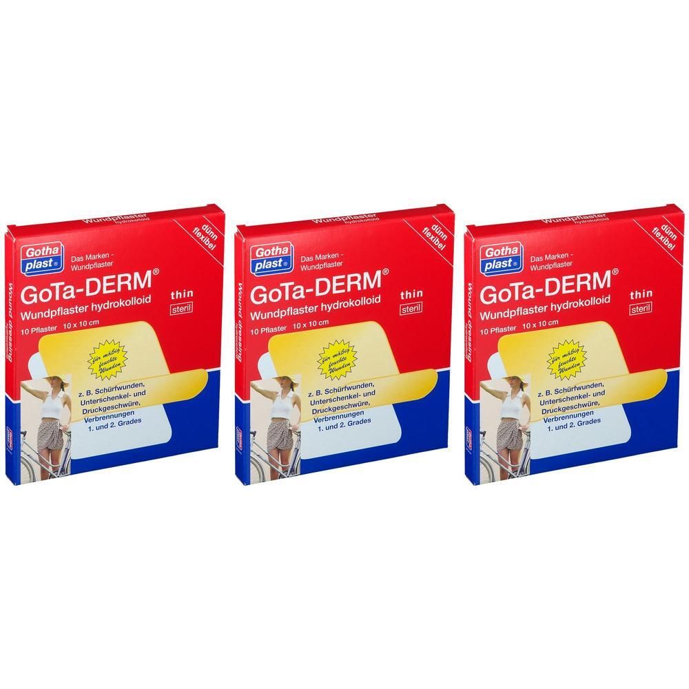 Drei Packungen GoTa-DERM thin hydrokolloid Wundpflaster, 10x10 cm.