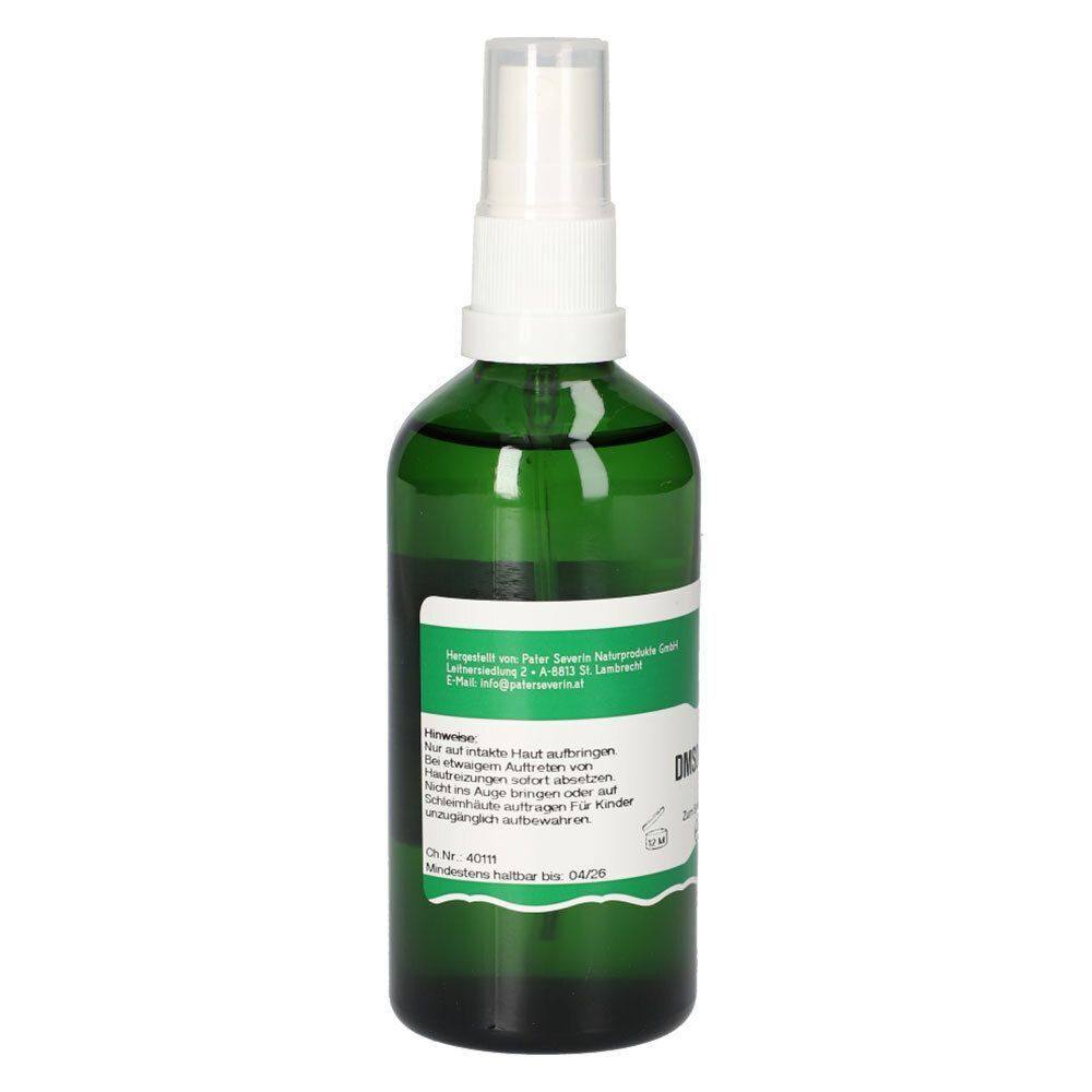 Grüne Sprühflasche mit DMSO-Spray 70%, 100 ml, Rückseite mit Etikett.