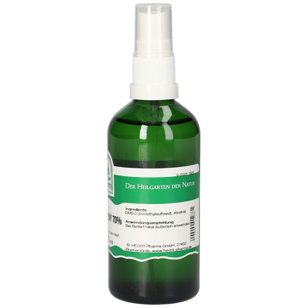 Grüne Sprühflasche mit DMSO-Spray 70%, 100 ml, Vorderseite mit Etikett.