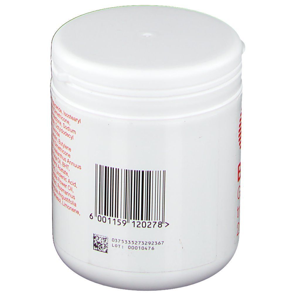 Seite eines weißen Tiegels mit Bi-Oil® Gel für trockene Haut, mit Barcode und Chargennummer.