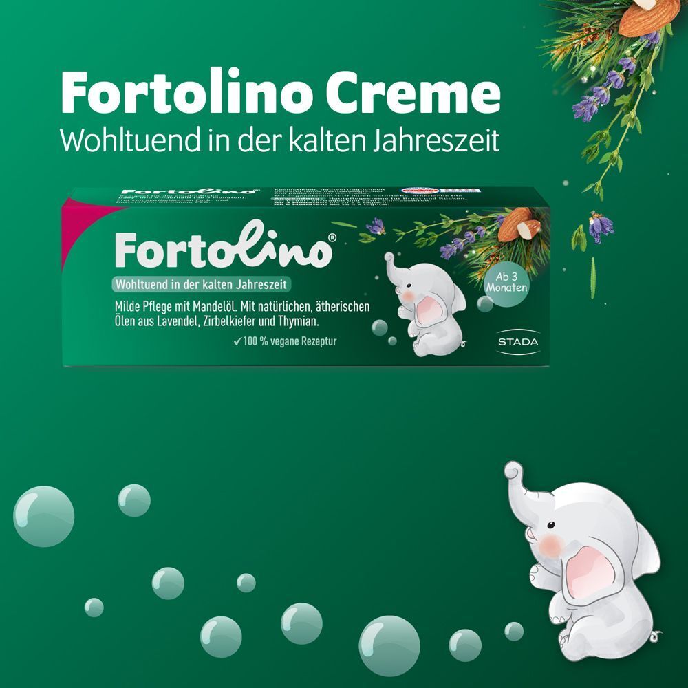Fortolino Creme Packung mit Elefant-Illustration. Milde Pflege mit Mandelöl, 60g. Ab 3 Monaten.