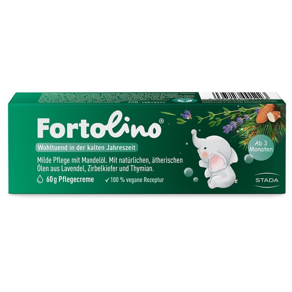 Fortolino Creme 60g Packung. Milde Pflege mit Mandelöl, ab 3 Monaten. Mit Elefant-Illustration.