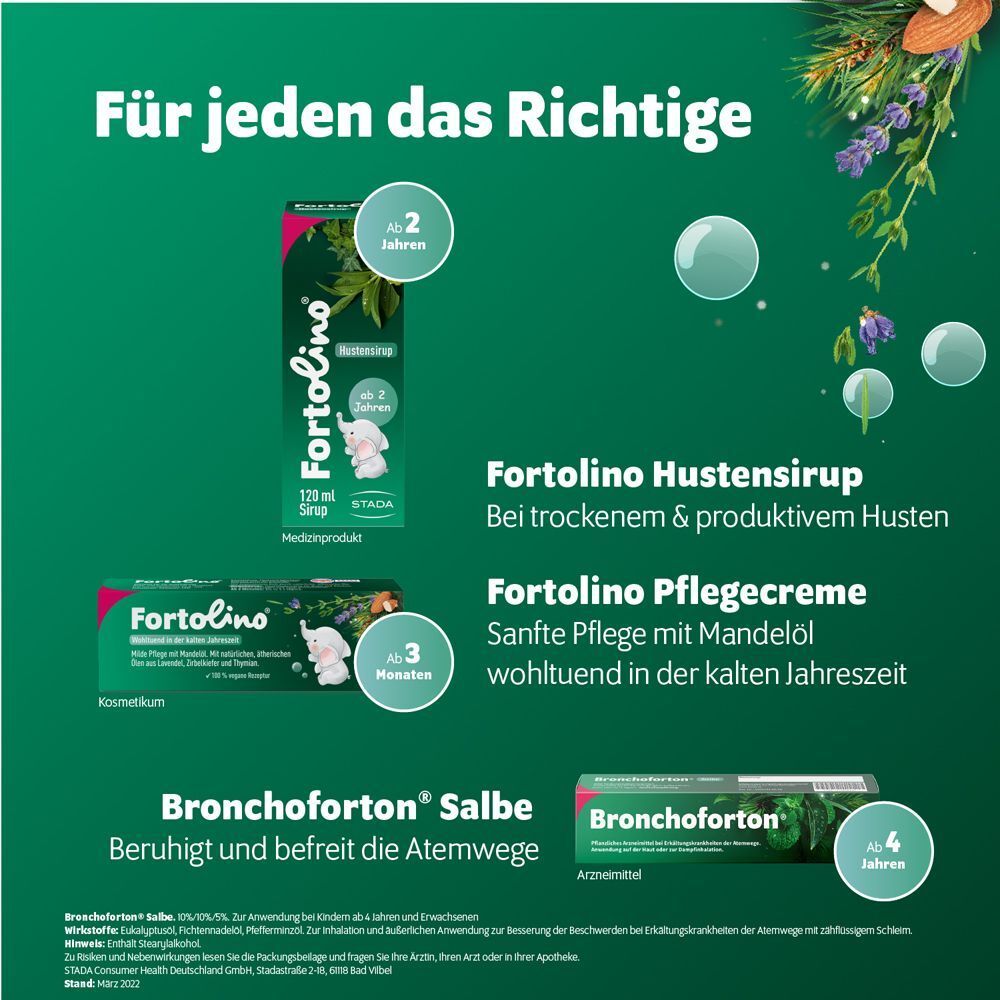 Fortolino Produkte: Pflegecreme, Hustensirup und Bronchoforton Salbe.