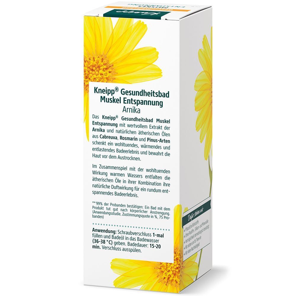 Seitenansicht der Kneipp Muskel Entspannung Arnika Badezusatz Verpackung mit Anwendungshinweisen.