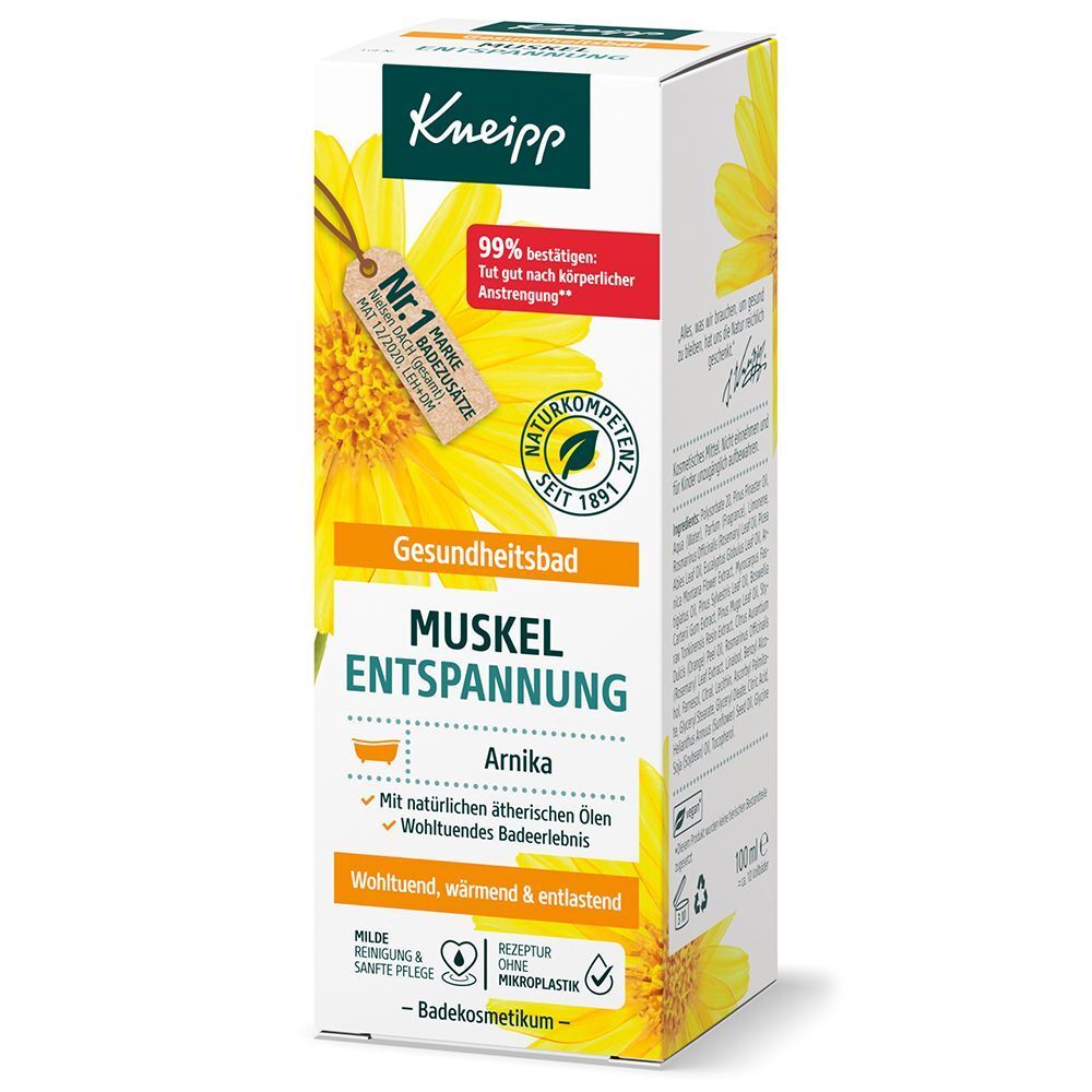 Kartonverpackung für Kneipp Gesundheitsbad Muskel Entspannung Arnika mit Sonnenblumenmotiv.