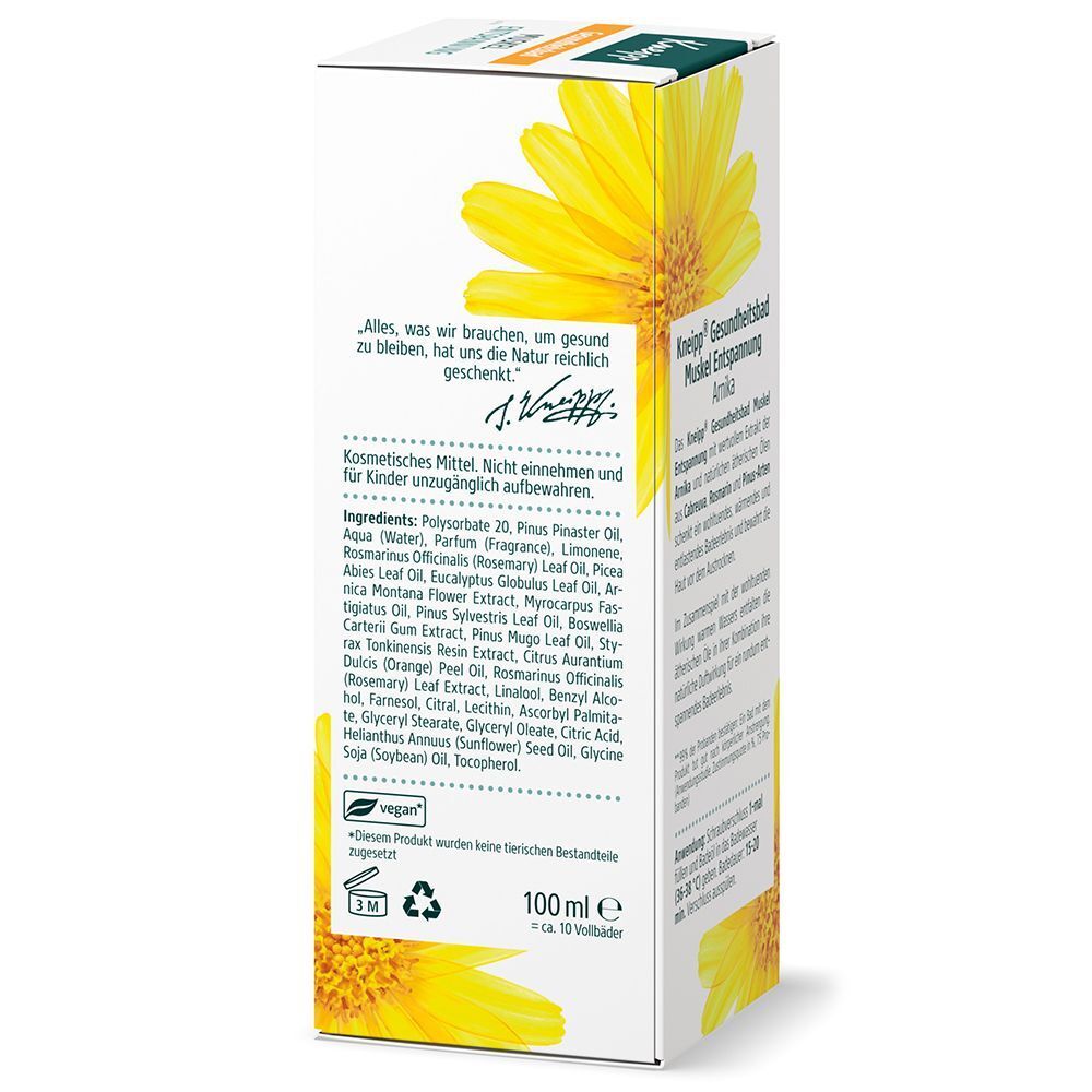 Rückseite der Kartonverpackung von Kneipp Gesundheitsbad Muskel Entspannung Arnika mit Inhaltsstoffen.