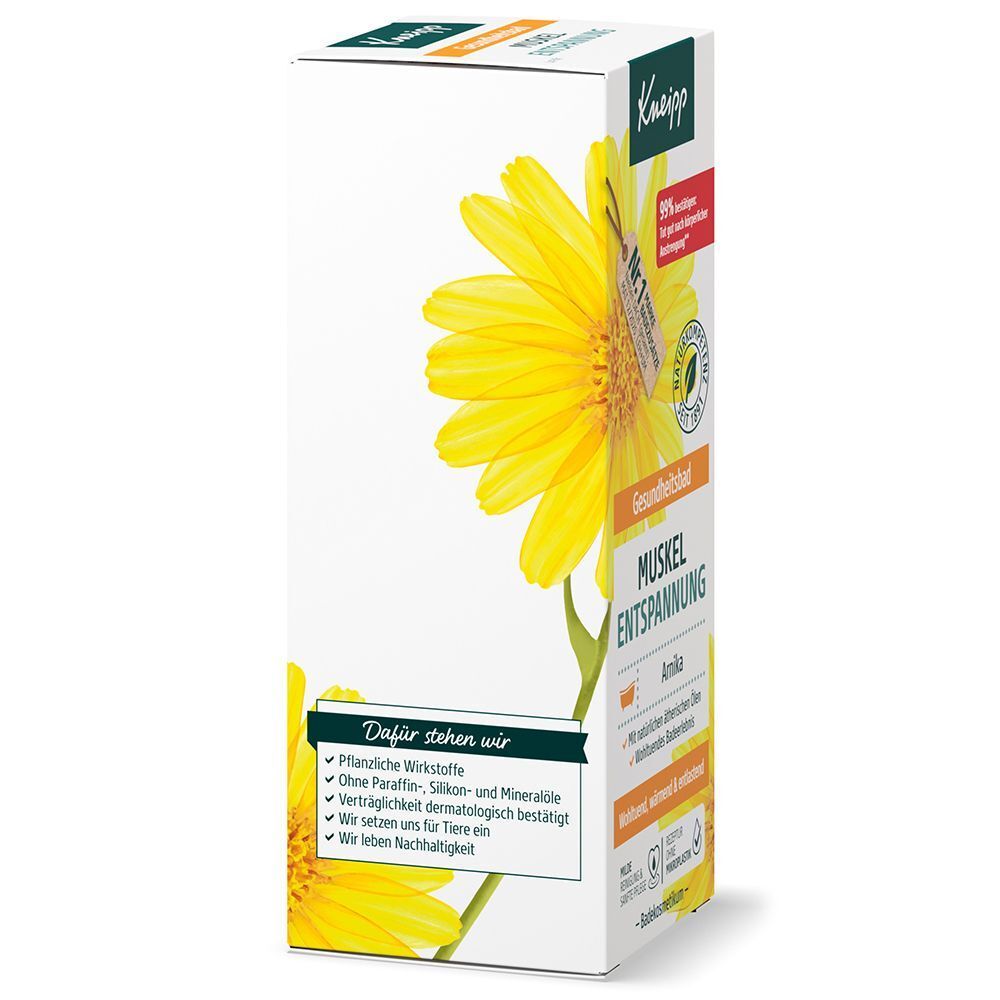 Vorderseite der Kartonverpackung von Kneipp Gesundheitsbad Muskel Entspannung Arnika mit Produktmerkmalen.