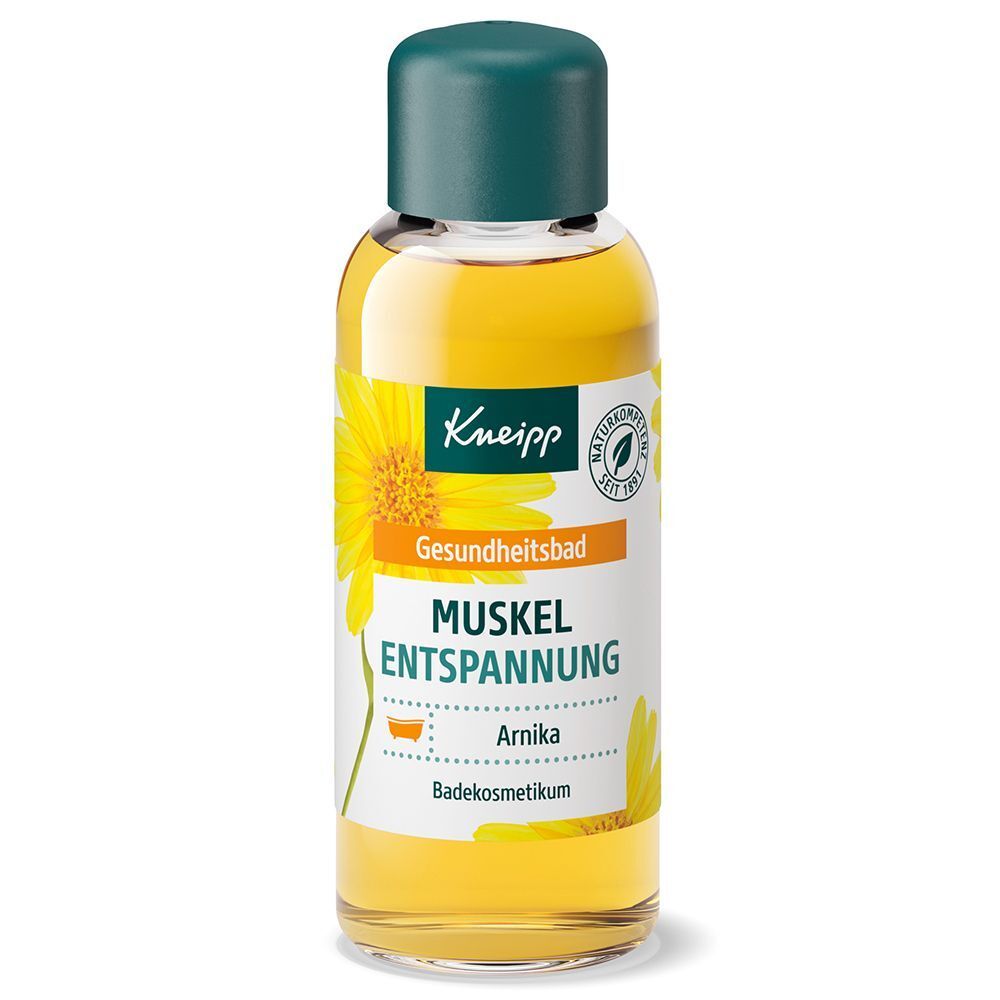 Flasche Kneipp Gesundheitsbad Muskel Entspannung Arnika mit grünem Deckel und Etikett.