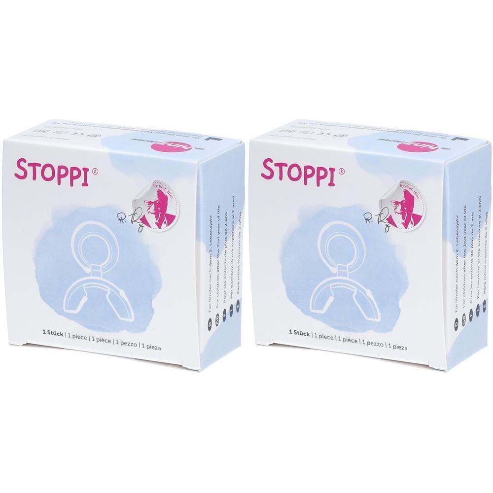 Zwei STOPPI® Entwöhnungs-Sauger Lila Verpackungen, jeweils mit einem Sauger-Symbol.