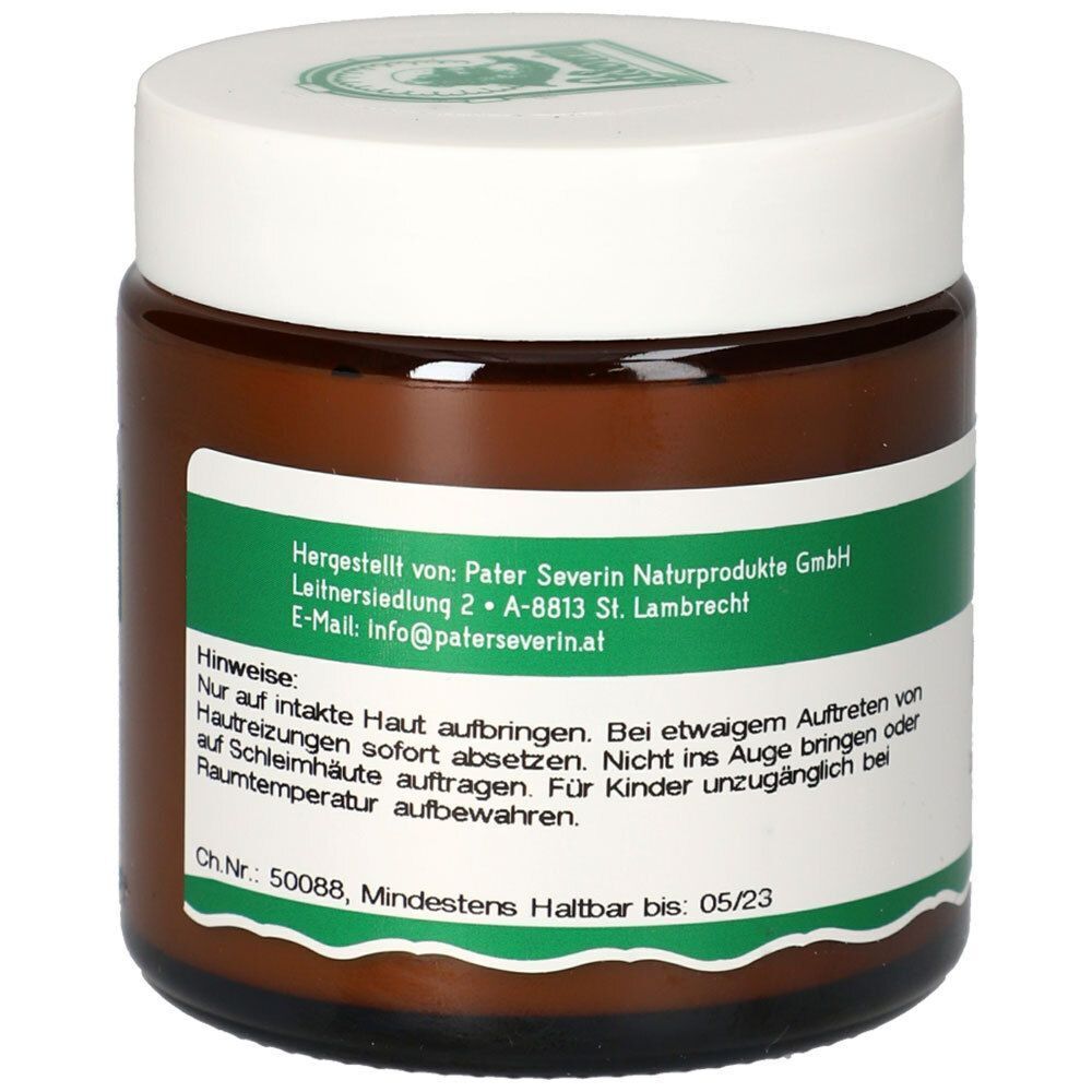 Rückseite eines Glases St. Severin Lanolin Creme mit Herstellerangaben und Hinweisen.