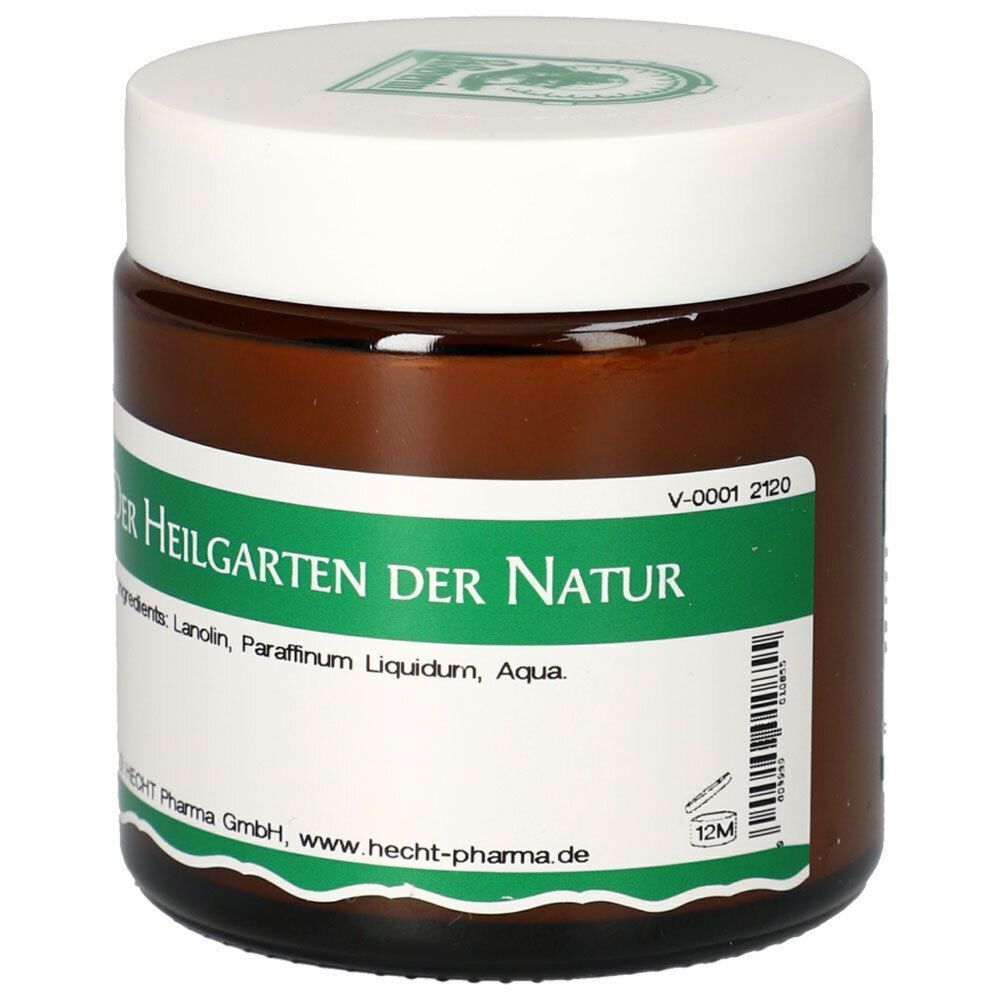 Seitenansicht eines Glases St. Severin Lanolin Creme, 100g, mit Haltbarkeitsangabe 12M.
