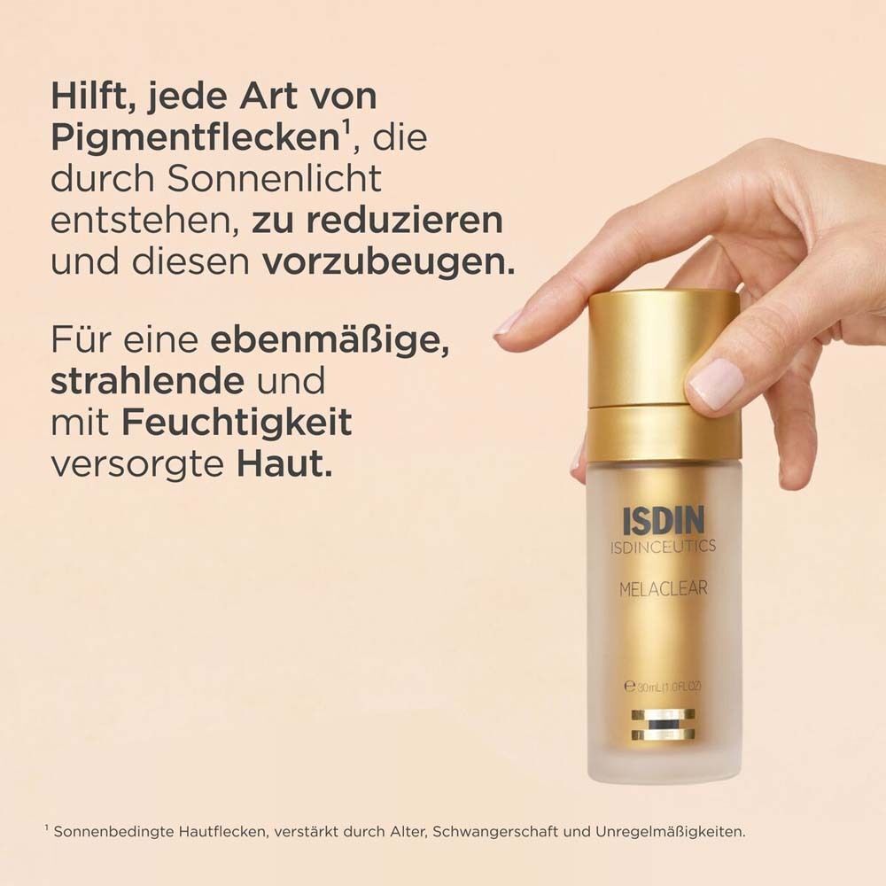ISDIN ISDINCEUTICS Melaclear Refill Fläschchen mit Text über Pigmentfleckenreduktion.